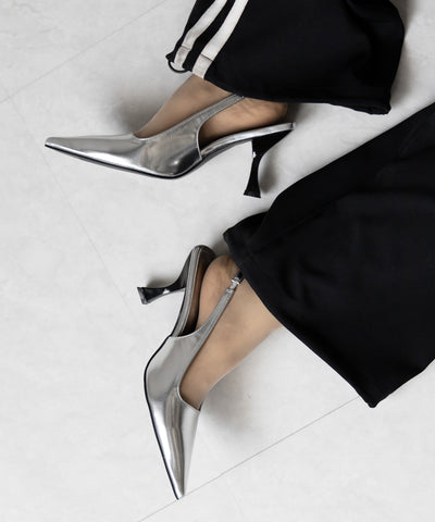【 ２color 】ポインテッドトゥチャンキーヒールメタリックミュール ／ pointed toe chunky heel metallic mules