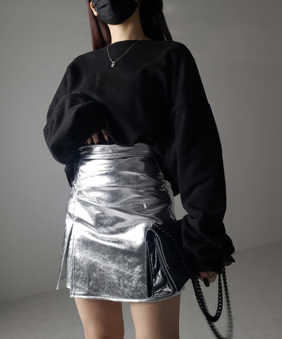 【 ３color ／４size 】３タックメタリックスリットハイウエストタイトミニスカート ／ three tuck metallic slit highwaist tight mini skirt