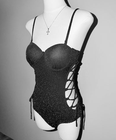 【 レディース水着 】ラメレースアップカットアウトワンピース水着 ／ lame laceup cutout onepiece swimwear