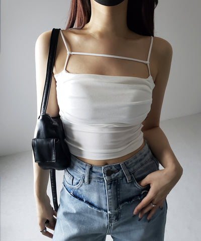 【 カップ付き／２WAY 】ラインストラップタックショートキャミソール ／ line strap tuck short camisole