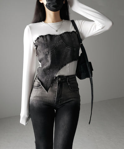 【 ２color 】ダメージデニムビスチェドッキングＴシャツ ／ damage denim bustier docking Tee