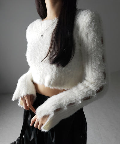 【 ３color 】カットアウトスリットスリーブショートシャギーニット ／ cutout slit sleeve short shaggy knit
