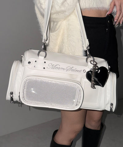 クリアポケット付きレタリング刺繍ショルダーバッグ ／ clear pocket lettering embroidery shoulder bag