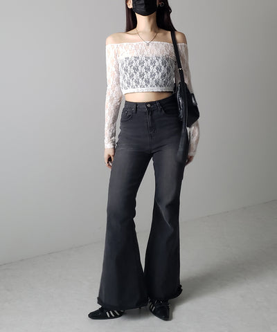 【 ２color 】オフショルショートレーストップス ／ off-shoulder short lace tops