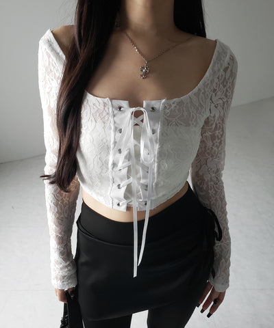 【 ２color 】レースアップコルセットリボンショートレーストップス ／ laceup corset ribbon short lace tops