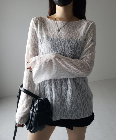 【 ２color 】ワイドスリーブオーバーシアーレーストップス ／ wide sleeve over sheer lace tops