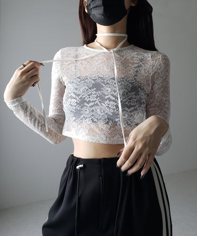 【 ２color 】ストラップリボンショートレーストップス ／ strap ribbon short lace tops