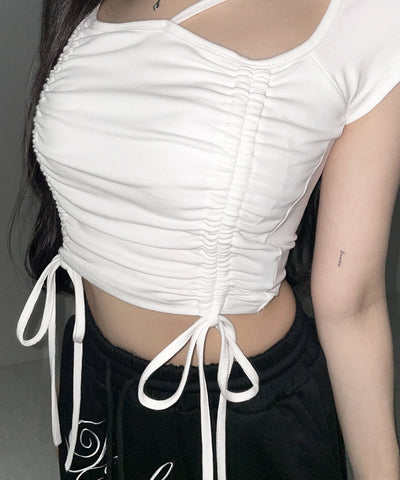 ダブルシャーリングリボンストラップＴシャツ ／ double shirring ribbon strap T-shirts