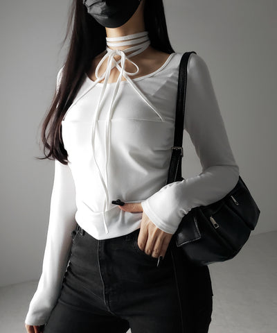 【 ３color 】クロスストラップロングチョーカーリボントップス ／ cross strap long choker ribbon tops