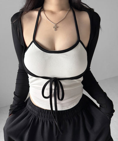 【２点セット 】２WAY クロスストラップショートカーディガン＋ ホルターリボンバイカラーキャミSET ／ 2WAY cross strap short cardigan + halter ribbon bicolor camisole SET