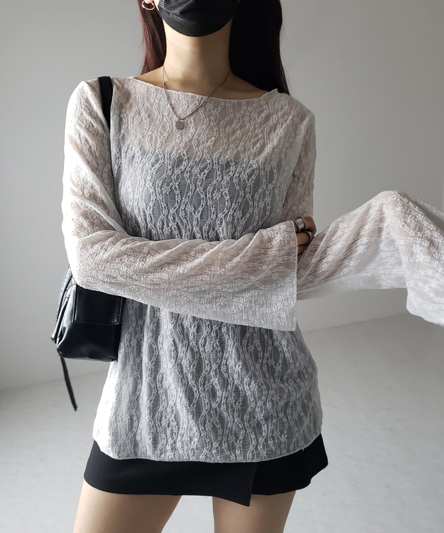 【 ２color 】ワイドスリーブオーバーシアーレーストップス ／ wide sleeve over sheer lace tops