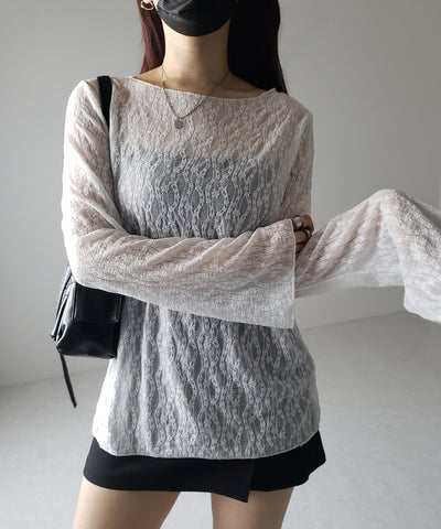 【 ２color 】ワイドスリーブオーバーシアーレーストップス ／ wide sleeve over sheer lace tops