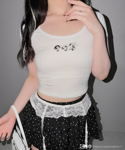 【THE POWERPUFF GIRLS】パワーパフガールズミニプリントスクエアネックショートＴシャツ /mini print square neck short T-shirt【 セットアップ着用可能 】