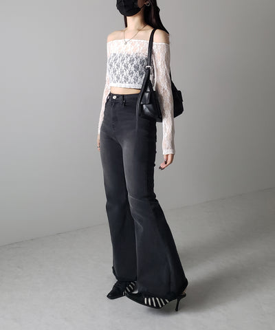【 ２color 】オフショルショートレーストップス ／ off-shoulder short lace tops