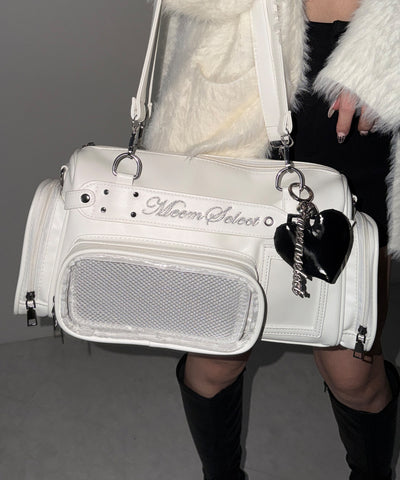 クリアポケット付きレタリング刺繍ショルダーバッグ ／ clear pocket lettering embroidery shoulder bag