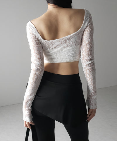 【 ２color 】レースアップコルセットリボンショートレーストップス ／ laceup corset ribbon short lace tops