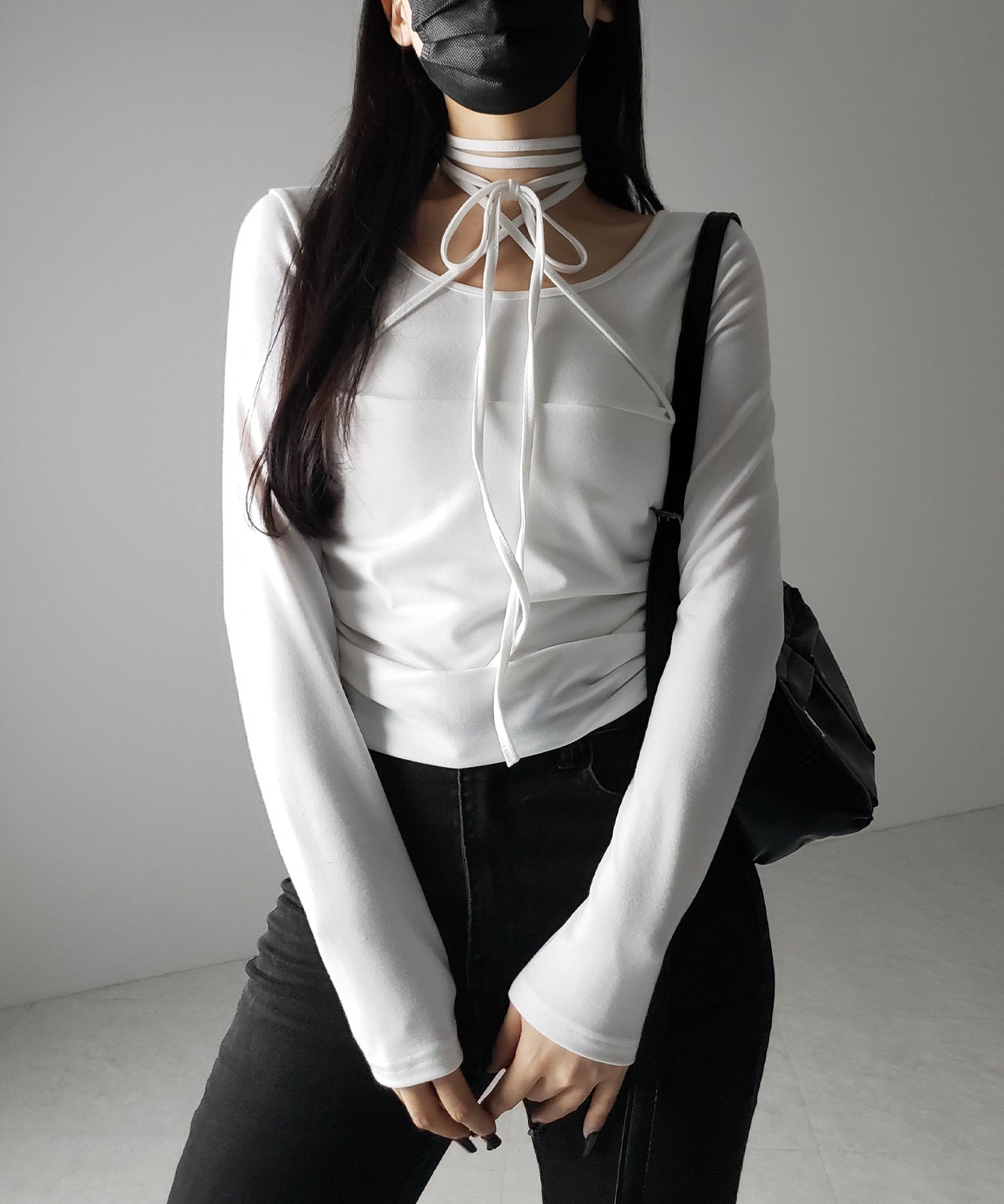 【 ３color 】クロスストラップロングチョーカーリボントップス ／ cross strap long choker ribbon tops