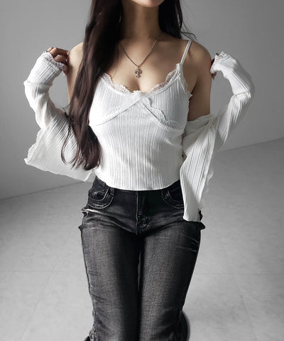 【 ２点セット 】レースドッキングリブキャミソール ＋ カーディガンセット ／ lace docking lib camisole + cardigan SET