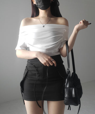 【 ３color 】半袖タックデザインドレープオフショルダートップス