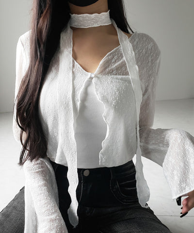 【 ２color ／ ２WAY 】チョーカーロングタイ付きショートシアーカーディガン ／ choker long tie set short sheer cardigan