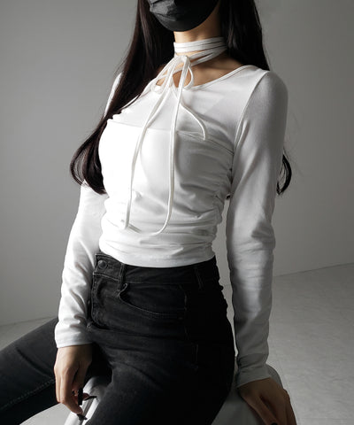 【 ３color 】クロスストラップロングチョーカーリボントップス ／ cross strap long choker ribbon tops