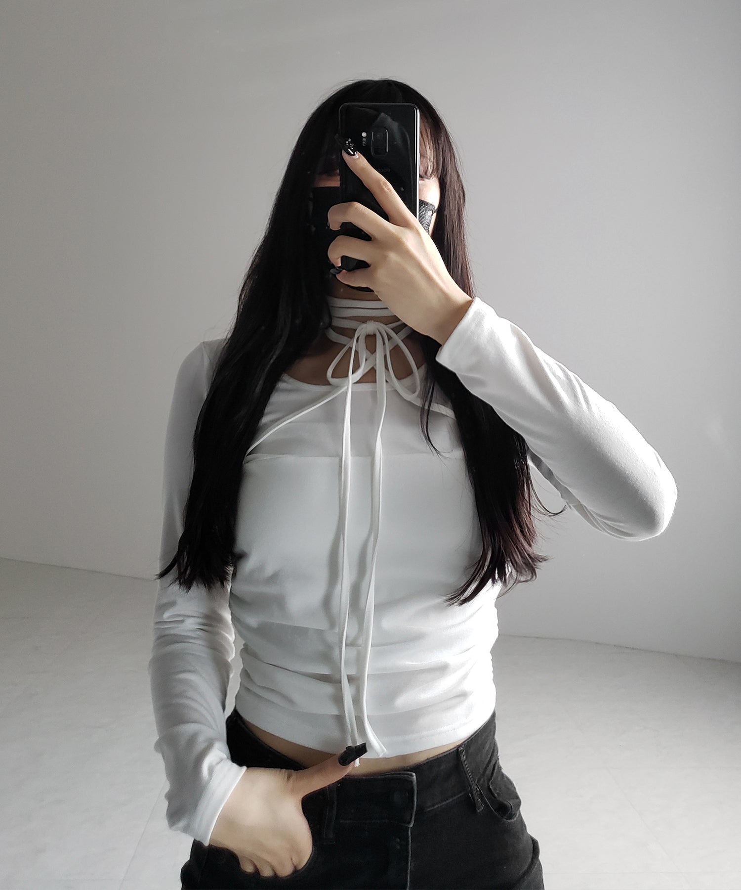 【 ３color 】クロスストラップロングチョーカーリボントップス ／ cross strap long choker ribbon tops