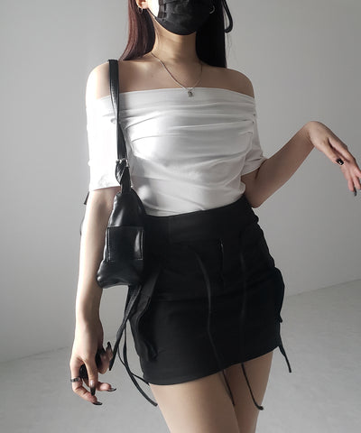 【 ３color 】半袖タックデザインドレープオフショルダートップス
