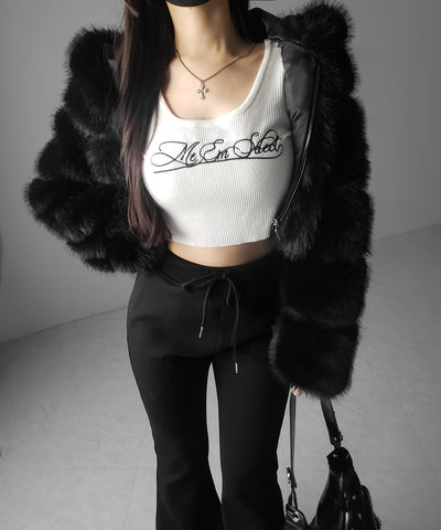 レタリングロゴ刺繍スクエアネックショートリブニットトップス ／ lettering logo embroidery square neck short rib knit tops