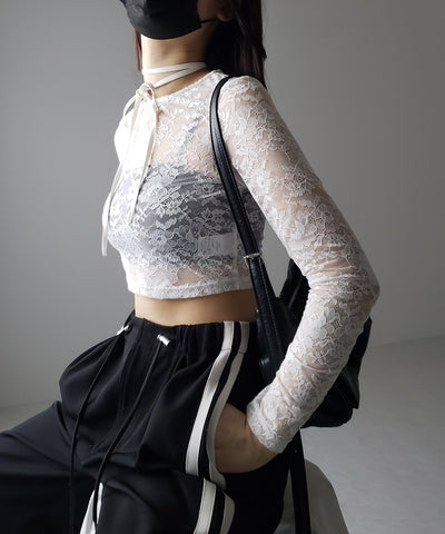 【 ２color 】ストラップリボンショートレーストップス ／ strap ribbon short lace tops