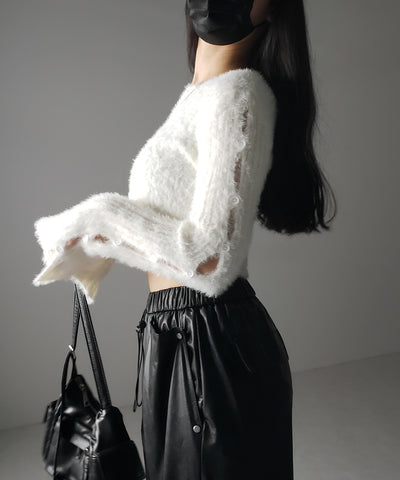 【 ３color 】カットアウトスリットスリーブショートシャギーニット ／ cutout slit sleeve short shaggy knit