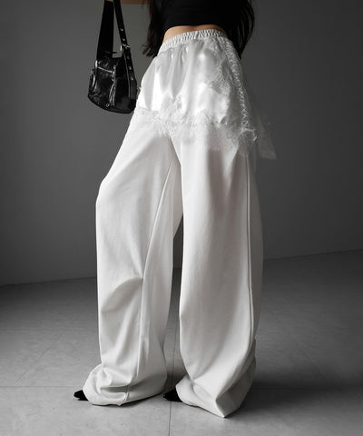 レースドッキングレイヤードスウェットワイドパンツ ／ lace docking layered sweat wide pants