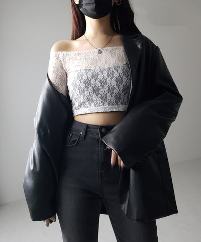 【 ２color 】オフショルショートレーストップス ／ off-shoulder short lace tops