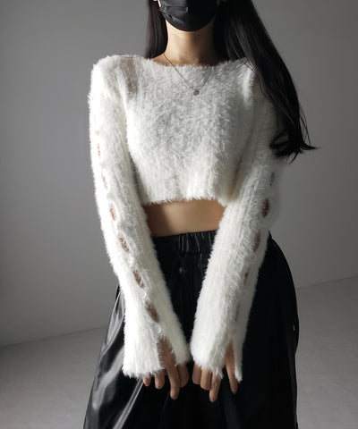 【 ３color 】カットアウトスリットスリーブショートシャギーニット ／ cutout slit sleeve short shaggy knit