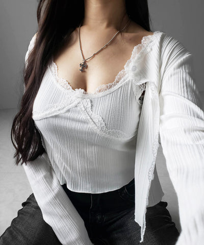 【 ２点セット 】レースドッキングリブキャミソール ＋ カーディガンセット ／ lace docking lib camisole + cardigan SET
