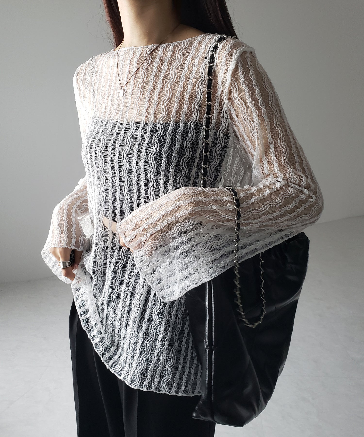【 ２WAY 】ワンショルワイドスリーブルーズシアートップス ／ one shoulder wide sleeve loose sheer tops
