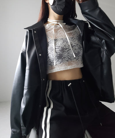 【 ２color 】ストラップリボンショートレーストップス ／ strap ribbon short lace tops