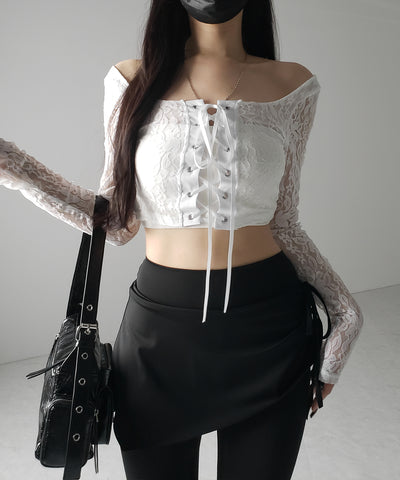 【 ２color 】レースアップコルセットリボンショートレーストップス ／ laceup corset ribbon short lace tops