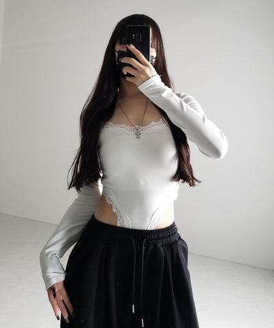 【 ２color 】カットアウトレースポイントボディスーツトップス ／cutout lace point bodysuit tops