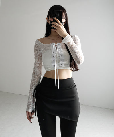 【 ２color 】レースアップコルセットリボンショートレーストップス ／ laceup corset ribbon short lace tops