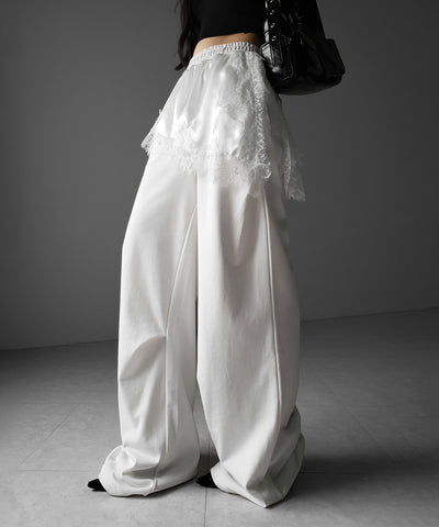 レースドッキングレイヤードスウェットワイドパンツ ／ lace docking layered sweat wide pants