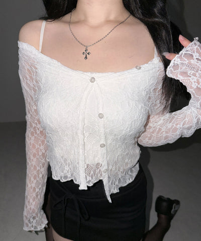 ストレッチレースメローキャミソール ＋ カーディガンセット ／stretch lace mellow camisole + cardigan set
