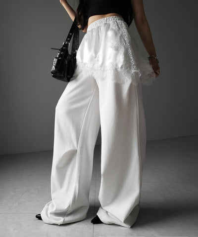 レースドッキングレイヤードスウェットワイドパンツ ／ lace docking layered sweat wide pants