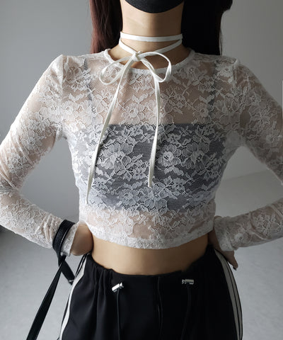 【 ２color 】ストラップリボンショートレーストップス ／ strap ribbon short lace tops