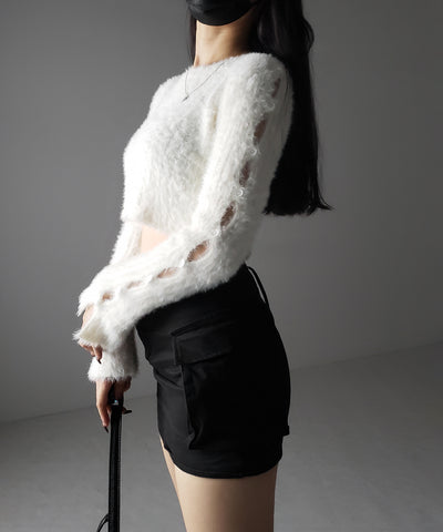 【 ３color 】カットアウトスリットスリーブショートシャギーニット ／ cutout slit sleeve short shaggy knit