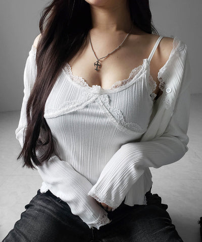 【 ２点セット 】レースドッキングリブキャミソール ＋ カーディガンセット ／ lace docking lib camisole + cardigan SET