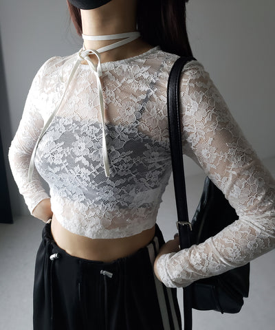 【 ２color 】ストラップリボンショートレーストップス ／ strap ribbon short lace tops