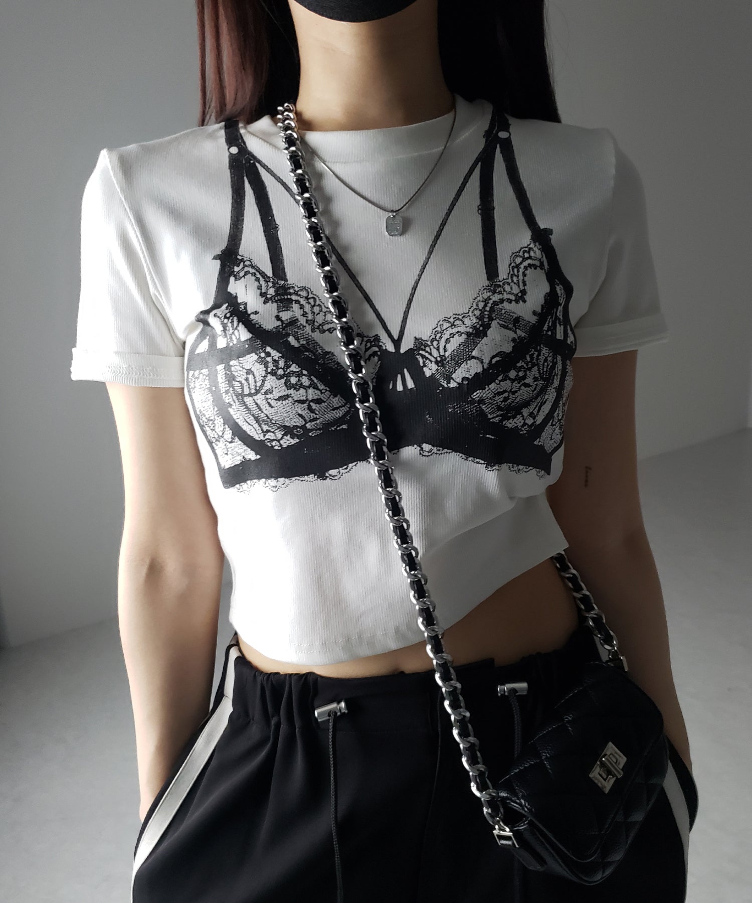 【 ３color 】レースランジェリー半袖クロップドＴ ／ lace lingerie short sleeve cropped T