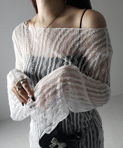 【 ２WAY 】ワンショルワイドスリーブルーズシアートップス ／ one shoulder wide sleeve loose sheer tops