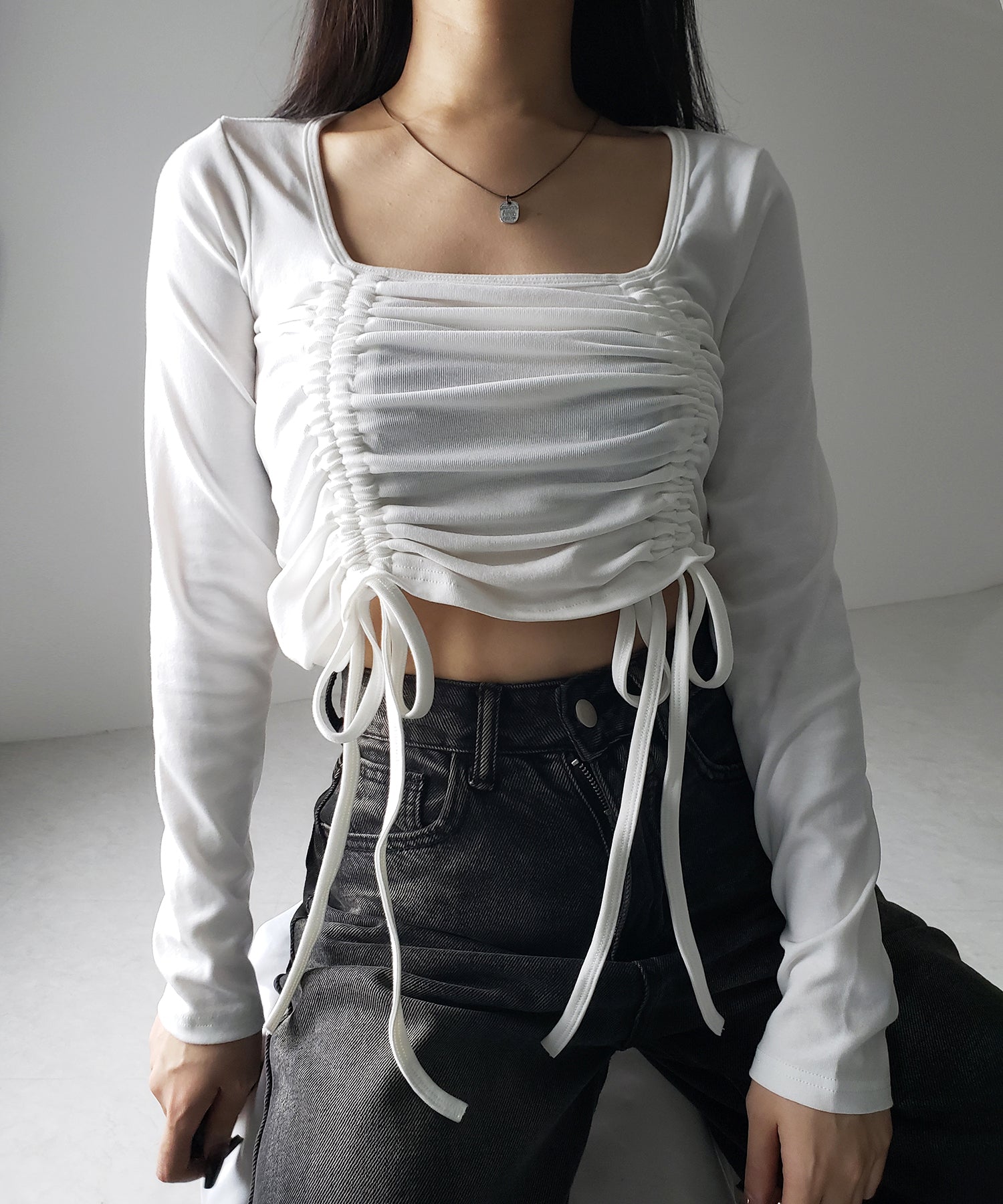 【 ３color 】 ダブルシャーリングリボンスクエアネックトップス ／ double shirring ribbon square neck tops