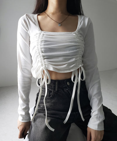 【 ３color 】 ダブルシャーリングリボンスクエアネックトップス ／ double shirring ribbon square neck tops